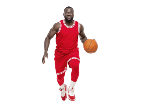 Basketball player in red uniform dribbles ball while running on transparent background, showcasing athleticism and focus. dynamic pose captures excitement of game png