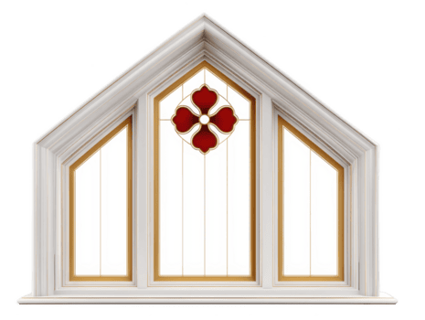 Elegant architectural window design featuring triangular shape with intricate detailing. window includes decorative red and gold element, enhancing its aesthetic appeal png