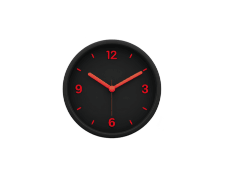 Modern wall clock featuring sleek black design with red hour and minute hands, showcasing minimalist style. clock displays numbers at each hour mark, creating bold contrast png