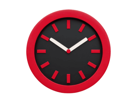Modern wall clock featuring round design with black face and bold red frame. clock has white hour and minute hands, along with red hour markers, creating striking visual contrast png