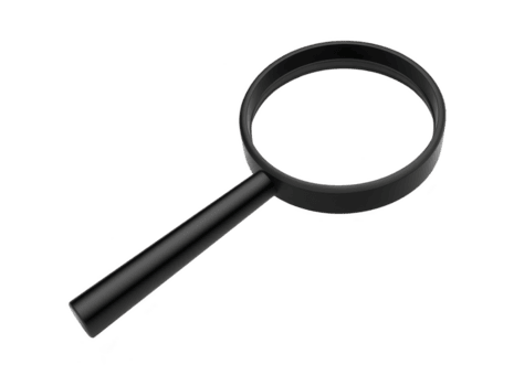 Black magnifying glass with circular lens and long handle, symbolizing search and investigation. This tool is often used in research, reading small text, or examining details closely png