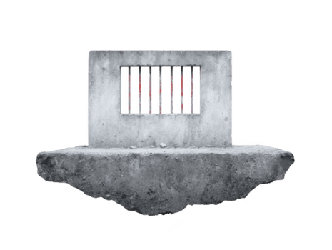 Concrete structure with barred window, showcasing rugged and industrial design. solid base and stark lines evoke sense of strength and durability png