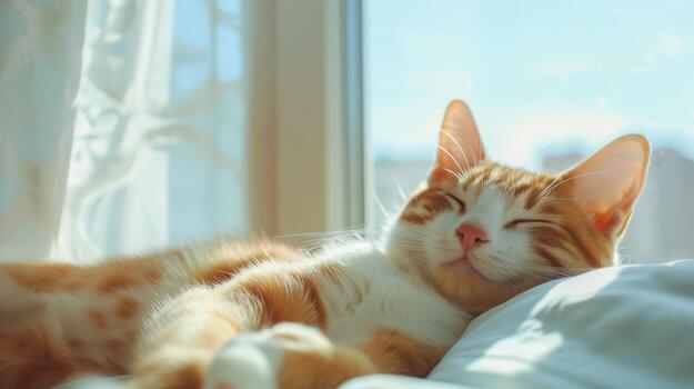 A ginger cat is sleeping on a white blanket in front of a window. photo