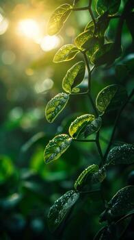 A close up of a plant with water droplets on its leaves, with the sun shining through the leaves in the background. photo