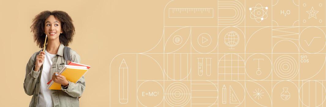 A student standing with books, looking thoughtfully to the side in a painted background. The environment is filled with educational symbols, creating a vibrant study atmosphere. photo