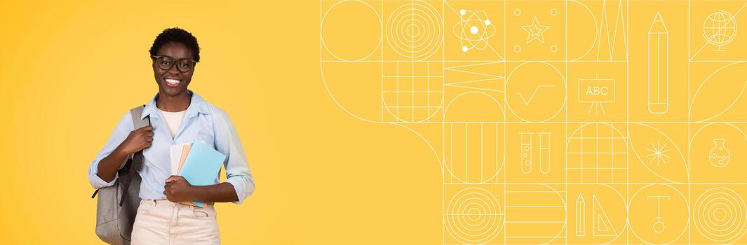 A student stands against a vibrant painted background, smiling while holding various study materials. She exudes enthusiasm for education and is ready to learn and explore new topics. photo