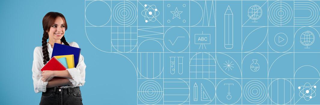 A student stands confidently holding multiple books and notebooks. The colorful painted background features educational icons, creating an inviting atmosphere for learning and studying. photo