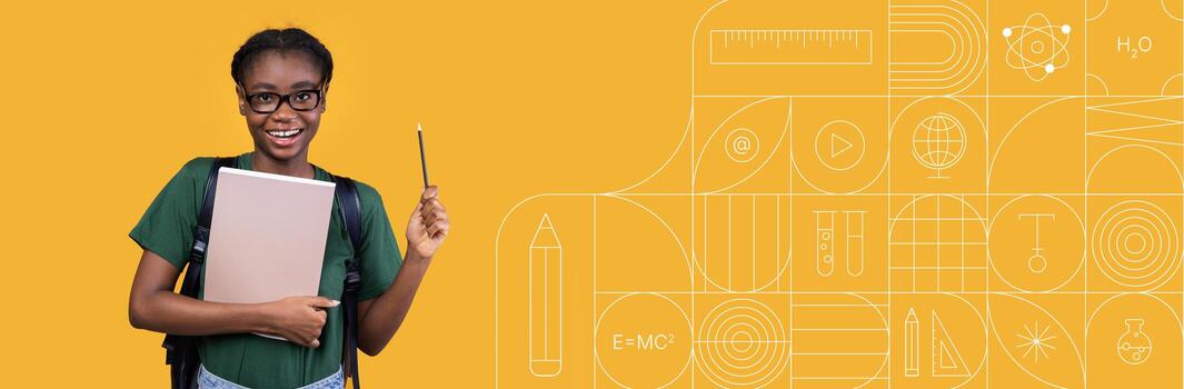 A student stands cheerfully with books and a pencil, smiling while preparing for studies. The background features educational icons, creating a bright and engaging atmosphere for learning. photo