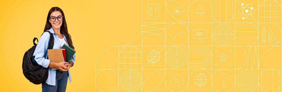 A student stands confidently with a backpack, holding books and smiling. Bright colors and educational elements in the background create an inspiring atmosphere for learning. photo