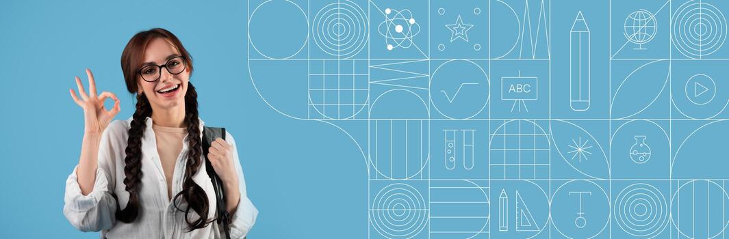 A student with glasses and braids expresses excitement while studying in a vibrant, educational environment. The background features unique illustrations related to learning and creativity. photo