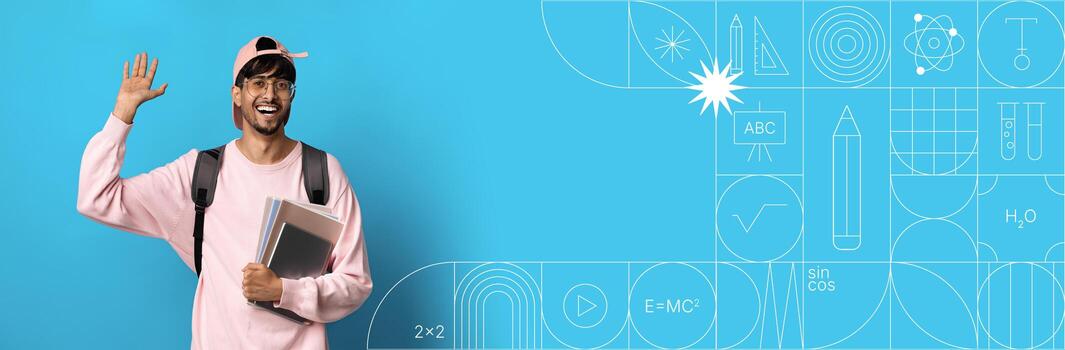 A cheerful student stands with books in hand, smiling and waving. The background is a bright blue with various educational symbols, creating an inviting atmosphere for studying. photo