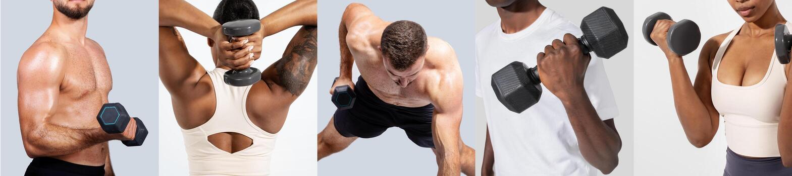 A group of individuals performs various exercises using dumbbells in a well-lit gym space. Each athlete demonstrates a unique workout style, showcasing strength and commitment to fitness. photo