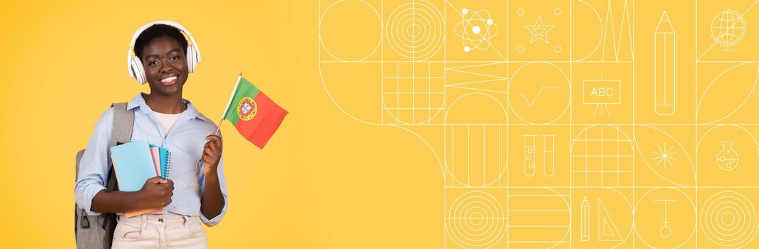 A student studies with books in hand while holding a flag. Bright colors enhance the learning atmosphere, creating a positive environment filled with enthusiasm for education. photo