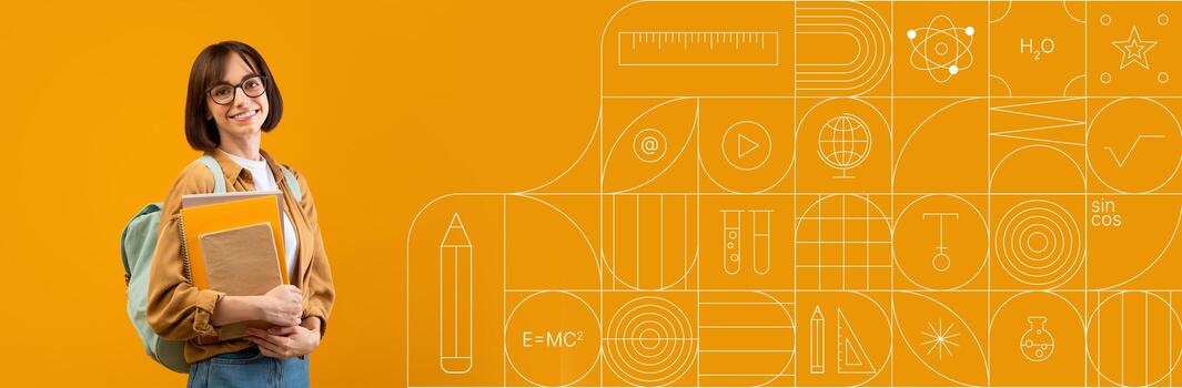 A student stands with a backpack, holding books and a notebook in front of a vibrant painted background. This setting is ideal for study and learning, conveying a sense of academic focus. photo