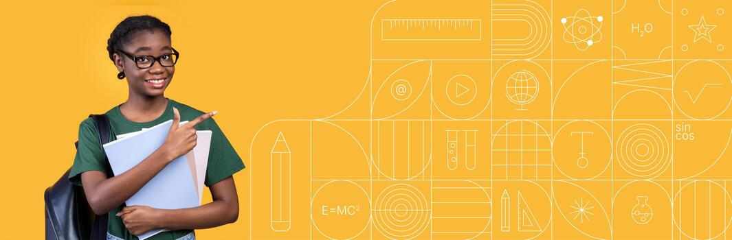 A student stands confidently while studying, holding books and smiling. The bright background is adorned with educational symbols, creating a motivating learning atmosphere. photo