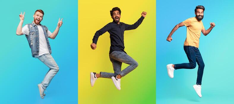 Three diverse men are playfully jumping against vibrant backgrounds, showcasing their unique styles and exuberant personalities, embodying joy and unity in a lively collage. photo