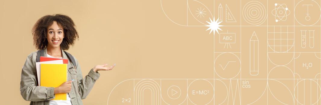 A student stands confidently with colorful folders and books in hand, promoting a positive attitude toward learning and education. The background features academic elements and clear space for text. photo