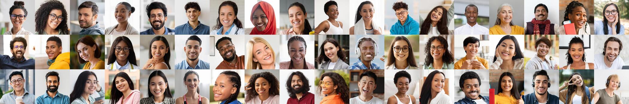 A vibrant collection of diverse individuals sharing joyful expressions in a series of close-up portraits. Each person reflects a unique background, celebrating unity in diversity. photo