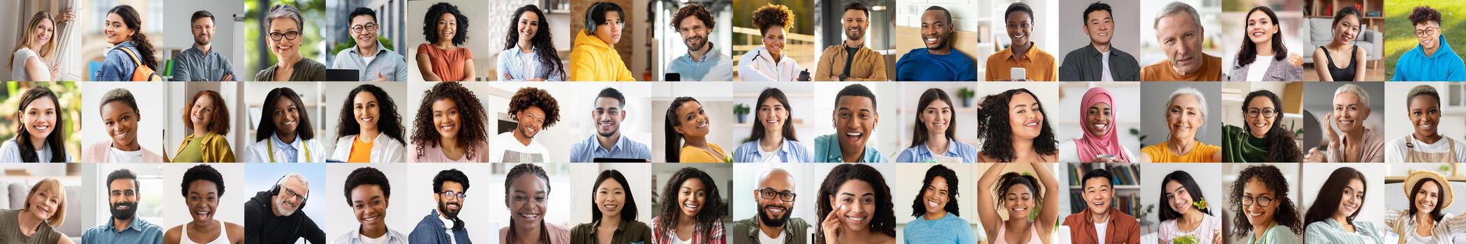 A joyful collection of diverse individuals showcases a range of expressions and backgrounds. Each face reflects happiness and a unique story, celebrating unity and diversity. photo