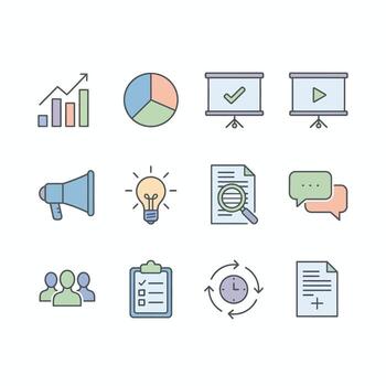 A set of icons that include a presentation, a microphone, and a chart vector