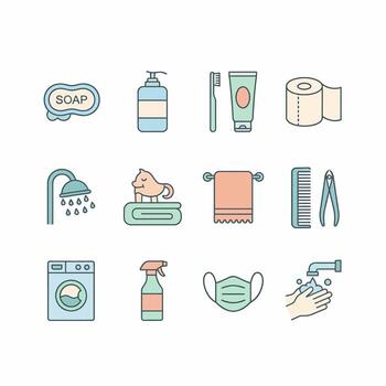 A set of icons that include soap, toothbrush, and other items vector