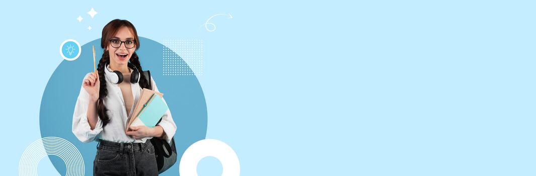 A student with glasses and headphones holds books while smiling confidently. The backdrop features a modern design with soft colors, ideal for educational contexts. photo