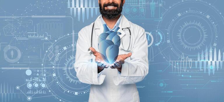 un médico soportes con confianza, presentación un digital representación de un corazón en mano. detrás a él, moderno cuidado de la salud tecnología y datos visuales mejorar el atmósfera de innovación y progreso. foto