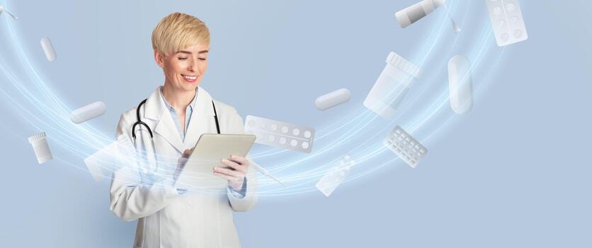 A doctor smiles while using a tablet, surrounded by floating pills and medication. This healthcare setting emphasizes the integration of technology in modern medicine. photo