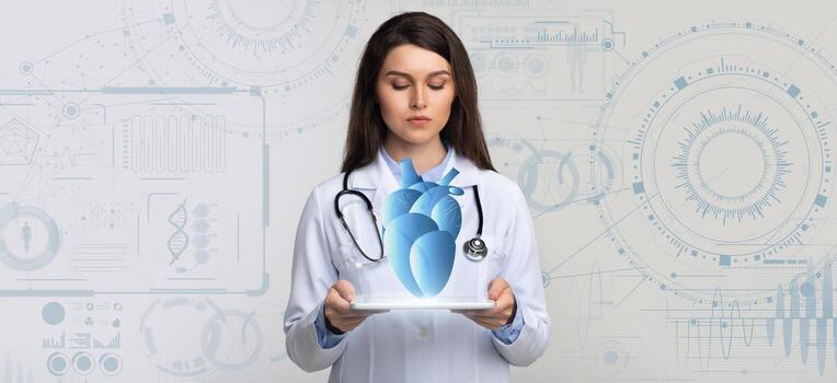 A healthcare professional attentively engages with advanced technology, showcasing innovative medical practices. The backdrop features a collage of healthcare data and graphics symbolizing progress. photo