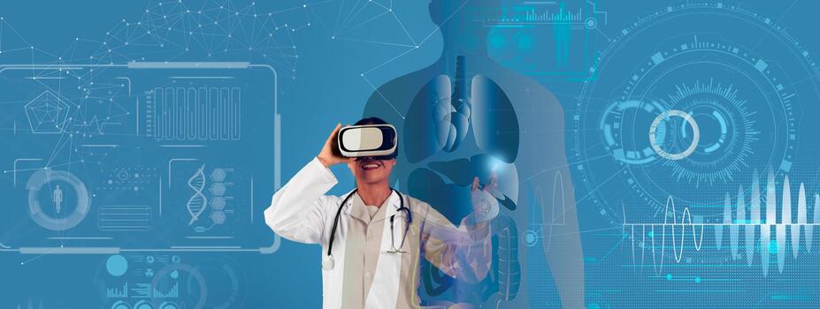 A doctor engages with virtual reality technology, exploring modern healthcare innovations. The background features digital graphics depicting health data and anatomical structures. photo
