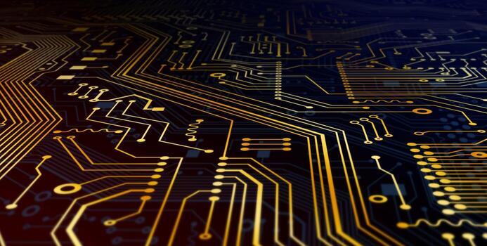 Computing technologies concept. Microelectronic circuit with gold lines, macro view. Illustration. Panorama photo