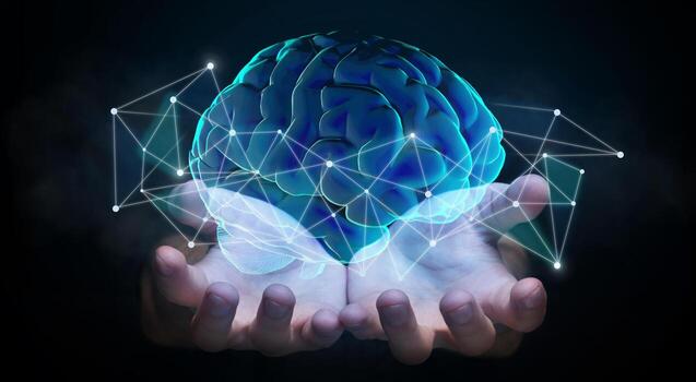 Hands holding hologram of brain with network connections, innovative technology in science and communication concept photo