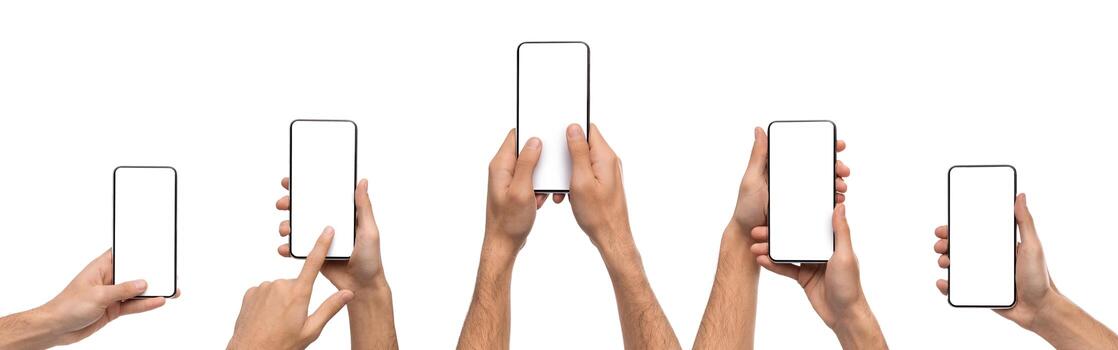 Set of male hands holding smartphone with blank screen isolated on white background, vertical orientation, panorama banner mockup. Guy using cell, browse internet, watch , present free copy space photo