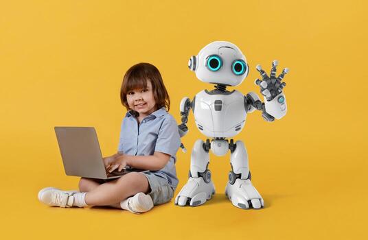 Robotics, programming and engineering for kids. Cute little boy with laptop sitting on floor and smiling to camera, adorable kid robot posing near him, orange studio background photo