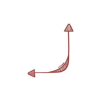 Artistic one doodle of handmade arrow, pencil red ink drawing as orientation mark, simple graphic sign for path and target. vector