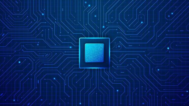 CPU with motherboard or circuit with electronic components, artificial intelligent cloud processing unit in blue background template vector