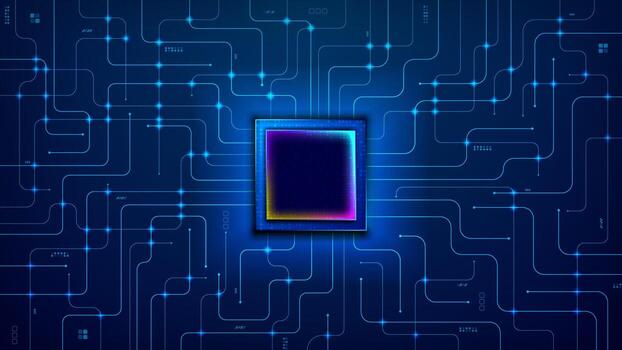 circuit board, motherboard with microprocessor, AI chip, semi conductor with connection paths in blue technology futuristic digital background template vector