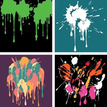 Set of abstract backgrounds with paint splatters green slime drips white milk splash and colorful ink blot illustrations vector