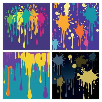 Set of abstract backgrounds with colorful paint splatters flowing liquid drips and artistic ink splash textures illustration collection vector