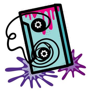 Graffiti of crumpled audio cassette with colorful splashes and drips vector