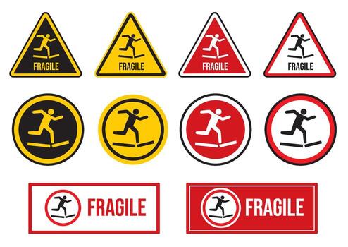 Set of fragile warning signs featuring an individual balancing on a beam with caution labels in various shapes and colors vector