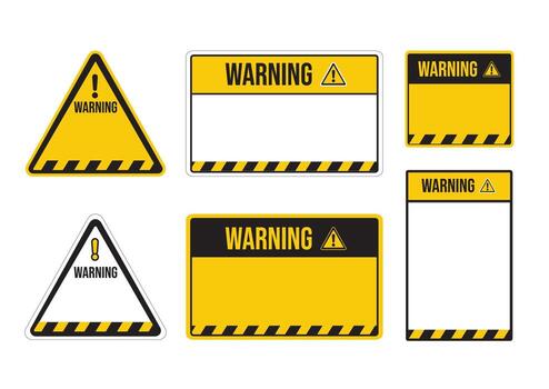 Collection of yellow warning signs in different shapes and sizes featuring clear text space for customizable messages. Safety alert concept vector