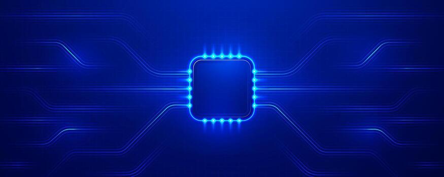 Glowing CPU microchip on a blue futuristic circuit board background vector
