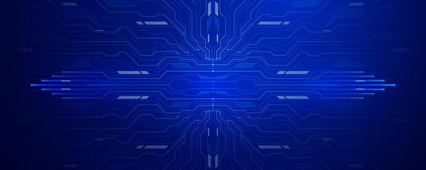 Symmetrical blue circuit board background with glowing digital center vector