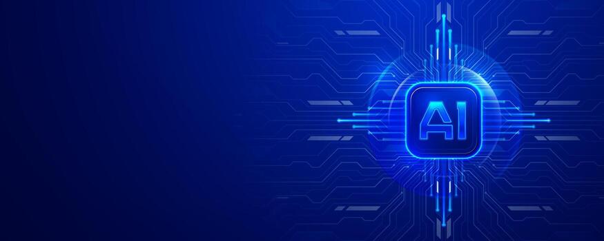 Glowing AI processor icon on a futuristic blue circuit board vector