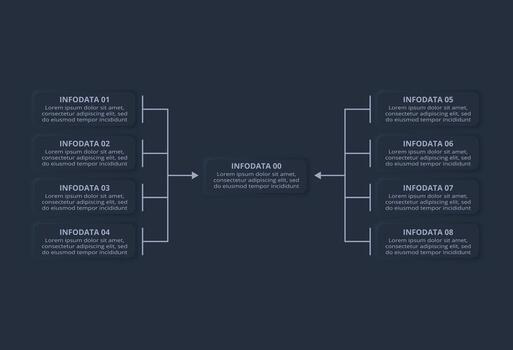 Neumorphic flowchart dark iinfographic. Creative concept for infographic with 9 steps or processes. vector
