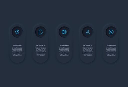 Five infographic data icons in dark theme vector