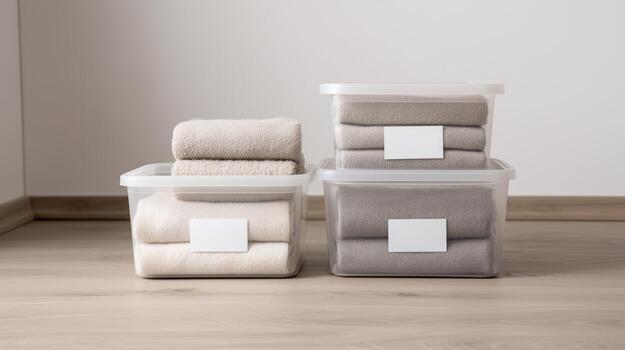 Folded towels neatly stored in transparent containers with labels for home organization photo