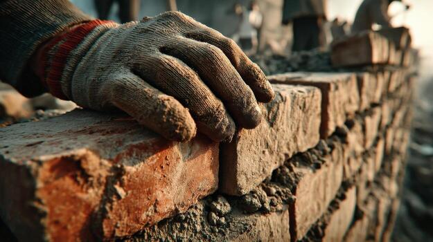 Close Up of Construction Workers Hand Placing Brick in Building Project with Team in Background photo