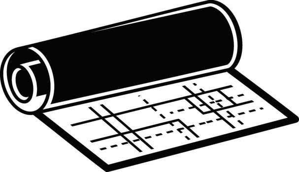 Blueprint rolled up with grid lines and dashed lines. vector